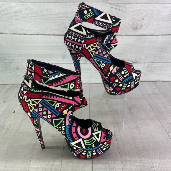 AMI Clubwear RED HEART Colorful Stiletto Platforms Ultra High Heel Shoes Sz 8.5 - Picture 2 of 16